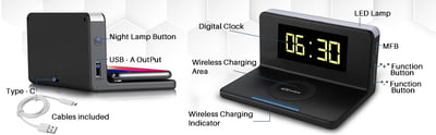 Portronics Freedom 4 Desktop Wireless Charger with Alarm Clock & LED Lamp