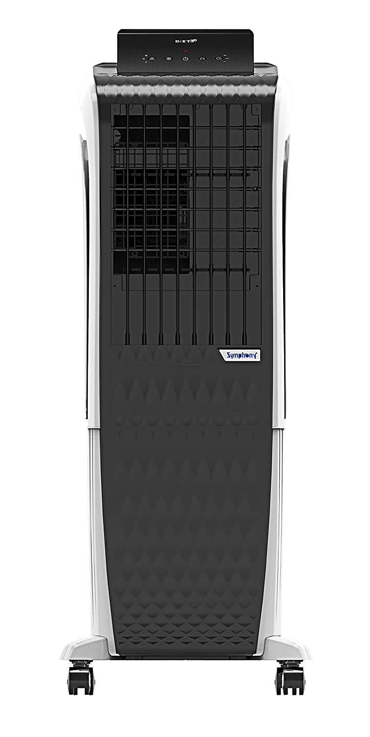 Symphony Diet 3D 30i Portable Tower Air Cooler For Home with 3-Side Honeycomb Pads, Automatic Pop-Up Touchscreen, i-Pure Technology and Low Power Consumption (30L, White & Black)