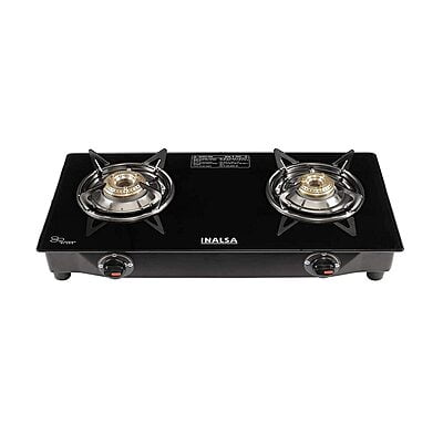 Inalsa Agni Toughened Glass Top, 2 Burner Gas Stove with Rust Proof Powder Coated Body, Made In India,Black