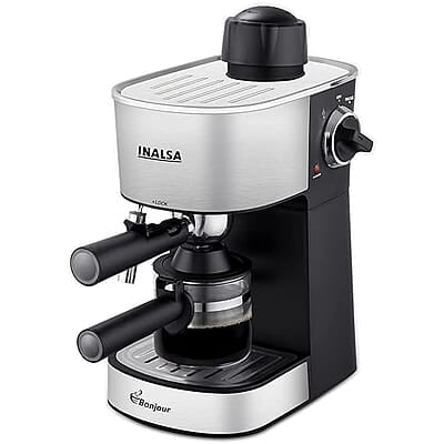 INALSA Espresso/Cappuccino 4Cup Coffee Maker 800W- Bonjour (3in1- Espresso,Cappuccino & Latte)|Frothing Function,4Bar Pressure|Multipurpose Control Knob,Removable Drip Tray & Borosilicate Glass Carafe INALSA Espresso/Cappuccino 4Cup Coffee Maker 800W- Bonjour (3in1- Espresso,Cappuccino & Latte)|Frothing Function,4Bar Pressure|Multipurpose Control Knob,Removable Drip Tray & Borosilicate Glass Carafe