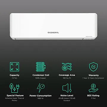 O GENERAL 1 Ton 3 Star Inverter Split AC (Copper Condenser, ASGG12CPAA-B)