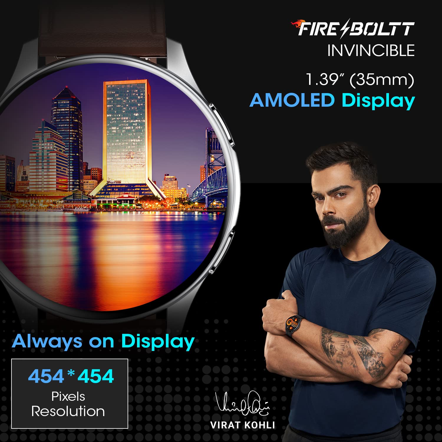 Fire-Boltt INVINCIBLE 1.39" AMOLED 454x454 Bluetooth Calling Smartwatch ALWAYS ON, 100 Sports Modes, 100 Inbuilt Watch Faces & 8GB, Play Music Without Phone on TWS, Spo2 & Heart Tracking