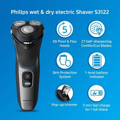 Philips Cordless Electric Shaver S3122/55, 5D Pivot & Flex Heads, 27 Comfort Cut Blade Philips Cordless Electric Shaver S3122/55, 5D Pivot & Flex Heads, 27 Comfort Cut Blade