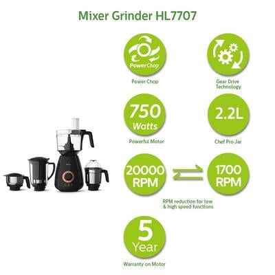 PHILIPS HL7707/00 750W Mixer Grinder with 4 Jars, Black
