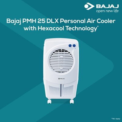 Bajaj PMH 25 DLX 24L Personal Air Cooler with Honeycomb Pads, Turbo Fan Technology, Powerful Air Throw and 3-Speed Control, White