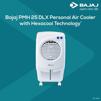 Bajaj PMH 25 DLX 24L Personal Air Cooler with Honeycomb Pads, Turbo Fan Technology, Powerful Air Throw and 3-Speed Control, White Bajaj PMH 25 DLX 24L Personal Air Cooler with Honeycomb Pads, Turbo Fan Technology, Powerful Air Throw and 3-Speed Control, White