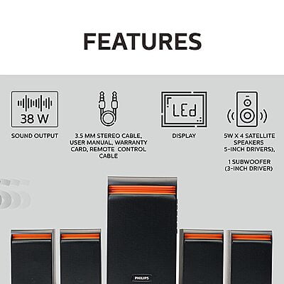 Philips Audio Spa8140B/94 40 W 4.1 Channel Wireless, Usb, Bluetooth Multimedia Speaker System, Black Philips Audio Spa8140B/94 40 W 4.1 Channel Wireless, Usb, Bluetooth Multimedia Speaker System, Black