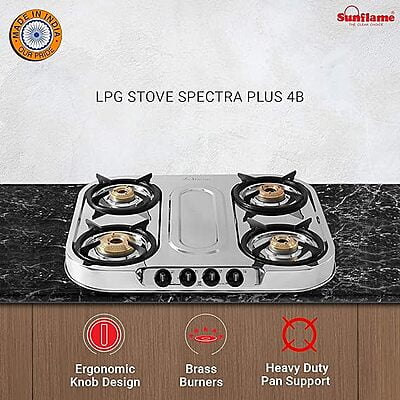 Sunflame Gas Cooktop Spectra 4 Brass Burner Stainless Steel