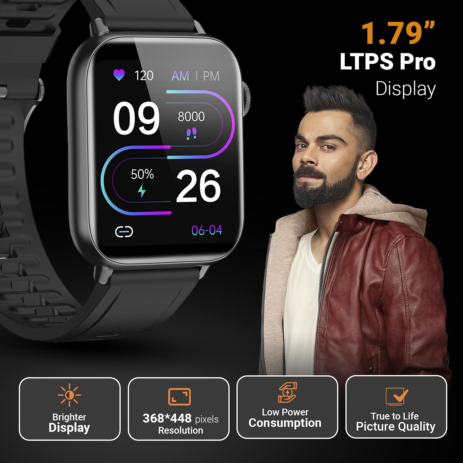 Fire-Boltt Supreme 1.79” Borderless LTPS 368*448 UHD PRO Display with 96% Screen to Body Ratio, 3ATM Waterproof , Spo2, Heart Rate and Blood Pressure Smart Watch (1.79" Black)