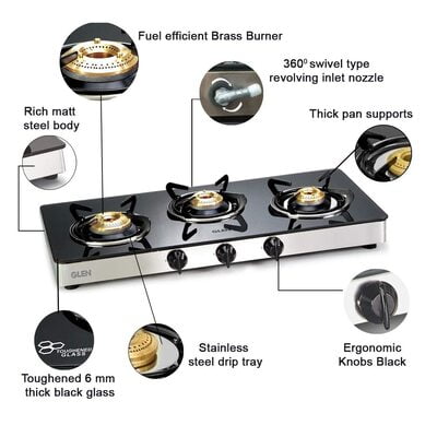 Glen 3 Burner Gas Stove 1033 GT Auto Ignition Brass Burner