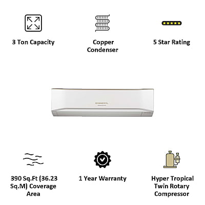 O General CETA 3 Ton 5 Star Inverter Split AC (Wi-Fi AC, Copper Condenser, ASGG36CETAB, White)