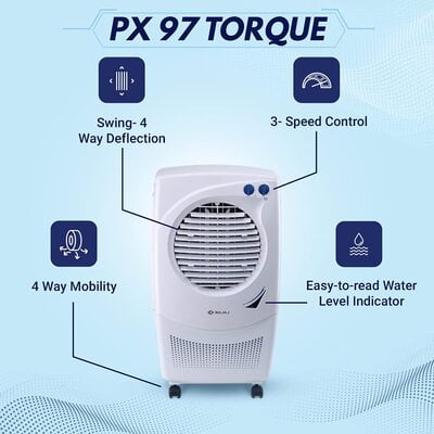 Bajaj PX 97 TORQUE (HC) 36L Personal Air Cooler with Honeycomb Pads, Turbo Fan Technology, Powerful Air Throw and 3-Speed Control, White Bajaj PX 97 TORQUE (HC) 36L Personal Air Cooler with Honeycomb Pads, Turbo Fan Technology, Powerful Air Throw and 3-Speed Control, White