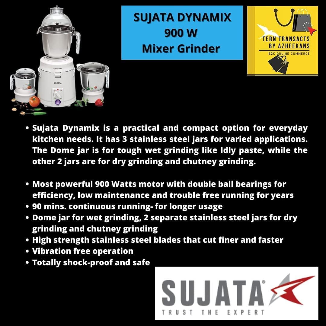 Sujata Dynamix Mixer Grinder 900 Watts 3 Jars White