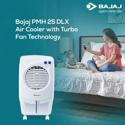 Bajaj PMH 25 DLX 24L Personal Air Cooler with Honeycomb Pads, Turbo Fan Technology, Powerful Air Throw and 3-Speed Control, White