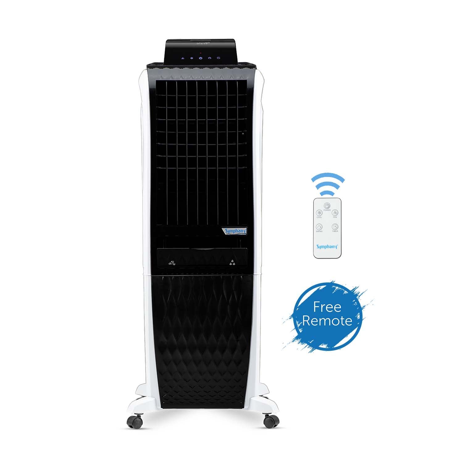Symphony Diet 3D 30i Portable Tower Air Cooler For Home with 3-Side Honeycomb Pads, Automatic Pop-Up Touchscreen, i-Pure Technology and Low Power Consumption (30L, White & Black)