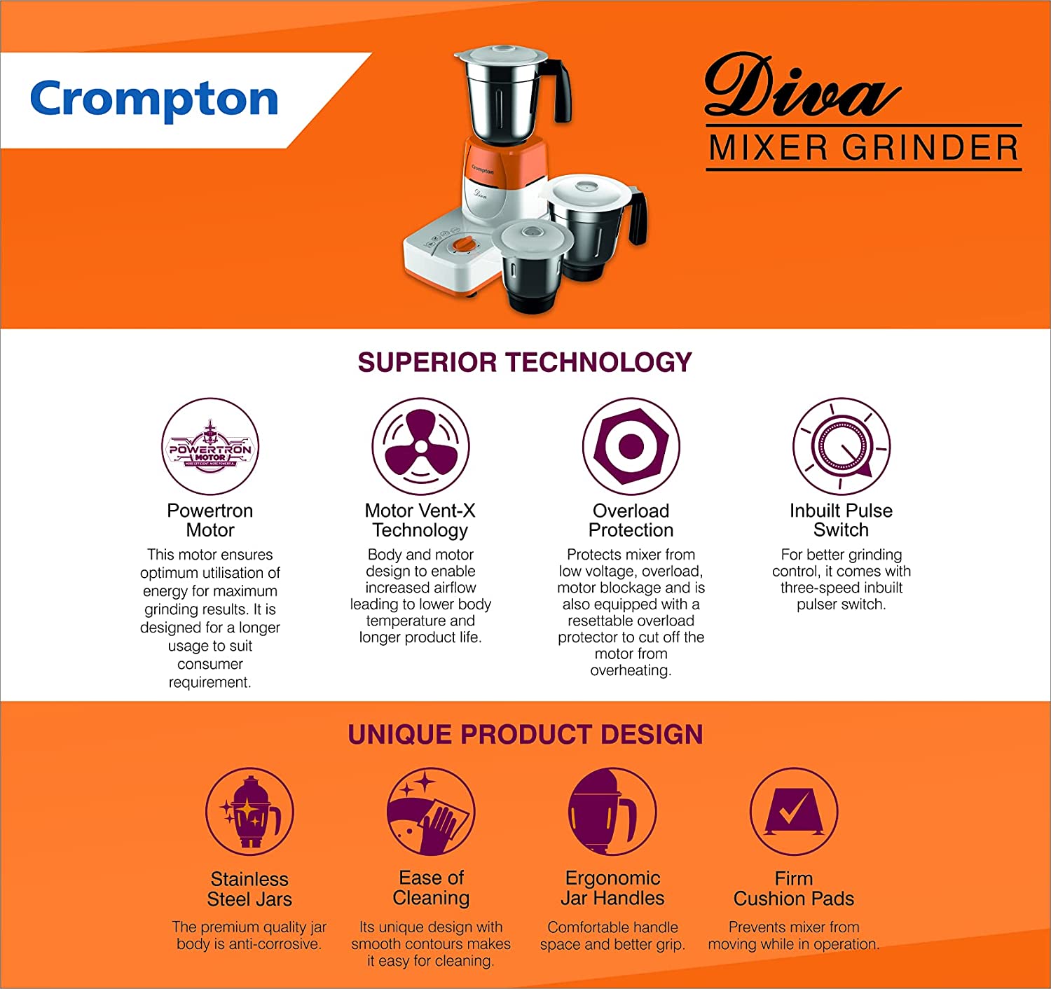 CROMPTON DS51 DIVA MIXER GRINDER, 500W 3J CROMPTON DS51 DIVA MIXER GRINDER, 500W 3J