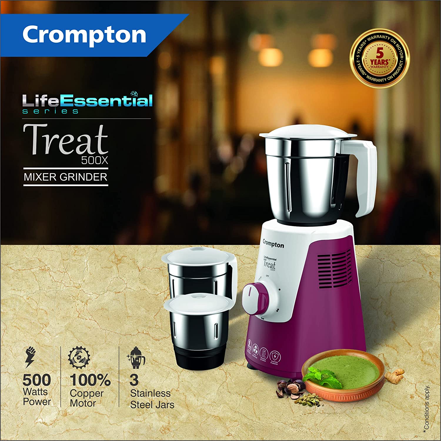 CROMPTON TREAT 500X 500W, 3 JARS MIXER GRINDER CROMPTON TREAT 500X 500W, 3 JARS MIXER GRINDER