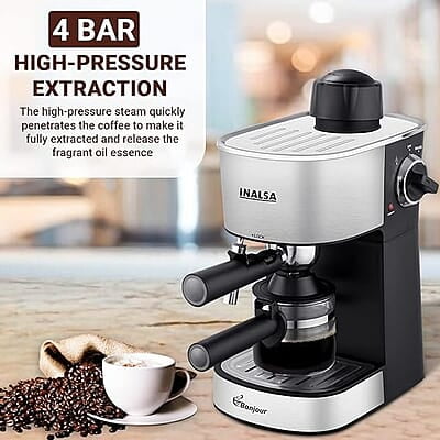 INALSA Espresso/Cappuccino 4Cup Coffee Maker 800W- Bonjour (3in1- Espresso,Cappuccino & Latte)|Frothing Function,4Bar Pressure|Multipurpose Control Knob,Removable Drip Tray & Borosilicate Glass Carafe INALSA Espresso/Cappuccino 4Cup Coffee Maker 800W- Bonjour (3in1- Espresso,Cappuccino & Latte)|Frothing Function,4Bar Pressure|Multipurpose Control Knob,Removable Drip Tray & Borosilicate Glass Carafe