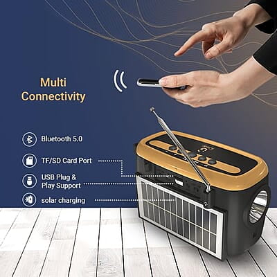 iGear Goldie Radio and Bluetooth Speaker With In -Built Mic For Calling|MP3 Player With USB, TF/SD Card & AUX Ports| 8Hrs Torch Light & Solar Charging|1200 MAh Rechargeable Battery IG 1145 iGear Goldie Radio and Bluetooth Speaker With In -Built Mic For Calling|MP3 Player With USB, TF/SD Card & AUX Ports| 8Hrs Torch Light & Solar Charging|1200 MAh Rechargeable Battery IG 1145