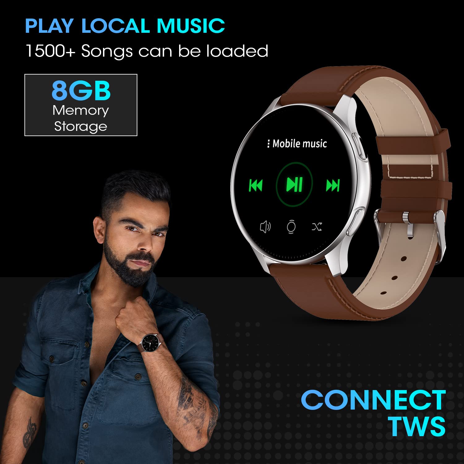 Fire-Boltt INVINCIBLE 1.39" AMOLED 454x454 Bluetooth Calling Smartwatch ALWAYS ON, 100 Sports Modes, 100 Inbuilt Watch Faces & 8GB, Play Music Without Phone on TWS, Spo2 & Heart Tracking