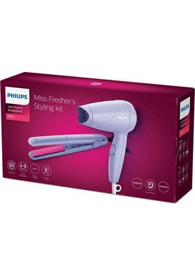 Philips HP8643/56 hair dryer and straightener combo, miss fresher's styling kit (purple)