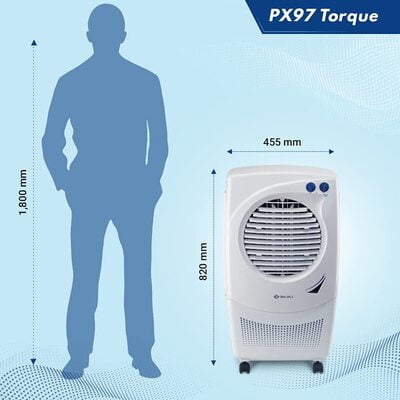 Bajaj PX 97 TORQUE (HC) 36L Personal Air Cooler with Honeycomb Pads, Turbo Fan Technology, Powerful Air Throw and 3-Speed Control, White Bajaj PX 97 TORQUE (HC) 36L Personal Air Cooler with Honeycomb Pads, Turbo Fan Technology, Powerful Air Throw and 3-Speed Control, White