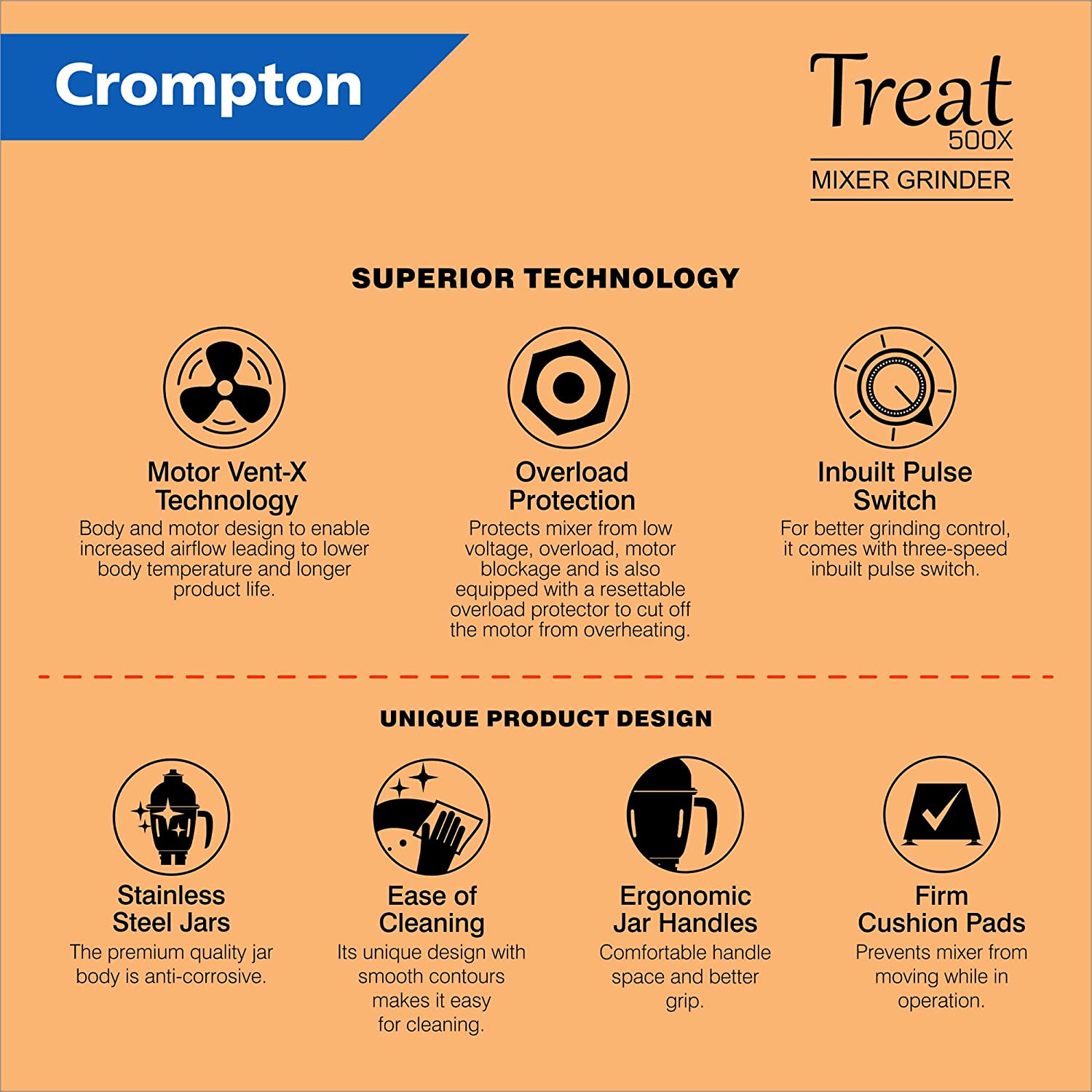 CROMPTON TREAT 500X 500W, 3 JARS MIXER GRINDER CROMPTON TREAT 500X 500W, 3 JARS MIXER GRINDER