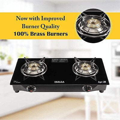 Inalsa Agni Toughened Glass Top, 2 Burner Gas Stove with Rust Proof Powder Coated Body, Made In India,Black