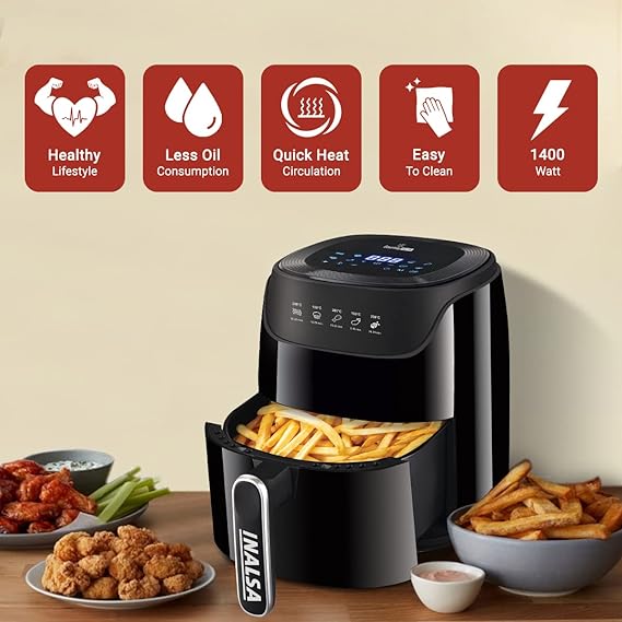 INALSA Air Fryer Digital 4.2L Gourmia Digital-1400W with Smart AirCrisp Technology|8-Preset Menu,Touch Control & Digital Display|Variable Temperature&Timer Control