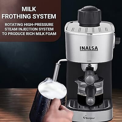 INALSA Espresso/Cappuccino 4Cup Coffee Maker 800W- Bonjour (3in1- Espresso,Cappuccino & Latte)|Frothing Function,4Bar Pressure|Multipurpose Control Knob,Removable Drip Tray & Borosilicate Glass Carafe INALSA Espresso/Cappuccino 4Cup Coffee Maker 800W- Bonjour (3in1- Espresso,Cappuccino & Latte)|Frothing Function,4Bar Pressure|Multipurpose Control Knob,Removable Drip Tray & Borosilicate Glass Carafe
