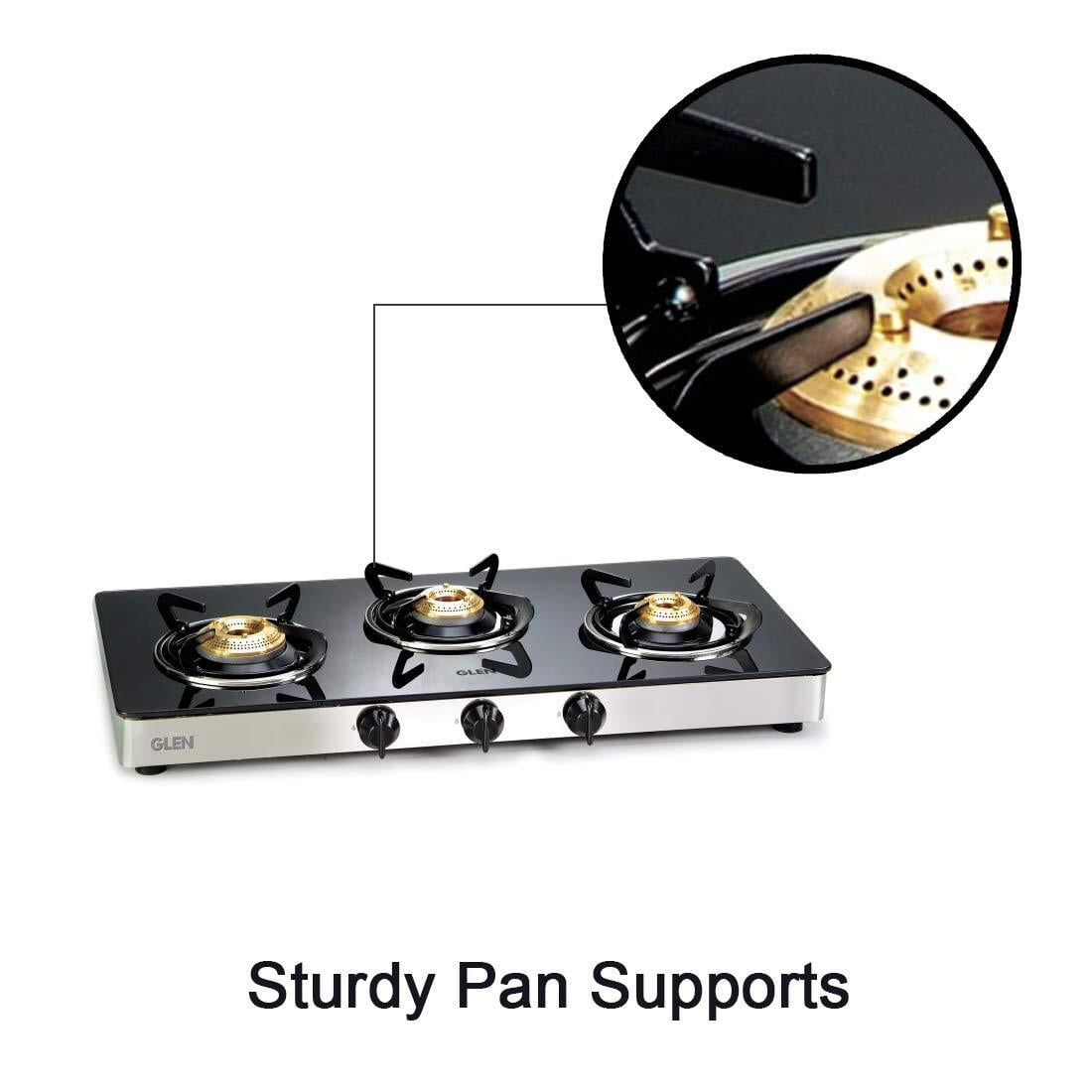 Glen Open Stainless Steel 3 Burner Glass Gas Stove 1033 GT Brass