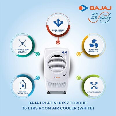 Bajaj PX 97 TORQUE (HC) 36L Personal Air Cooler with Honeycomb Pads, Turbo Fan Technology, Powerful Air Throw and 3-Speed Control, White