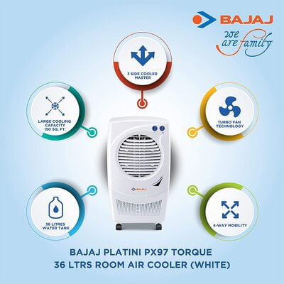 Bajaj PX 97 TORQUE (HC) 36L Personal Air Cooler with Honeycomb Pads, Turbo Fan Technology, Powerful Air Throw and 3-Speed Control, White Bajaj PX 97 TORQUE (HC) 36L Personal Air Cooler with Honeycomb Pads, Turbo Fan Technology, Powerful Air Throw and 3-Speed Control, White