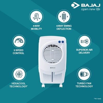 Bajaj PMH 25 DLX 24L Personal Air Cooler with Honeycomb Pads, Turbo Fan Technology, Powerful Air Throw and 3-Speed Control, White