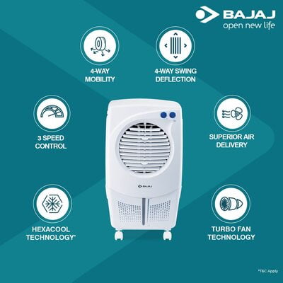 Bajaj PMH 25 DLX 24L Personal Air Cooler with Honeycomb Pads, Turbo Fan Technology, Powerful Air Throw and 3-Speed Control, White Bajaj PMH 25 DLX 24L Personal Air Cooler with Honeycomb Pads, Turbo Fan Technology, Powerful Air Throw and 3-Speed Control, White