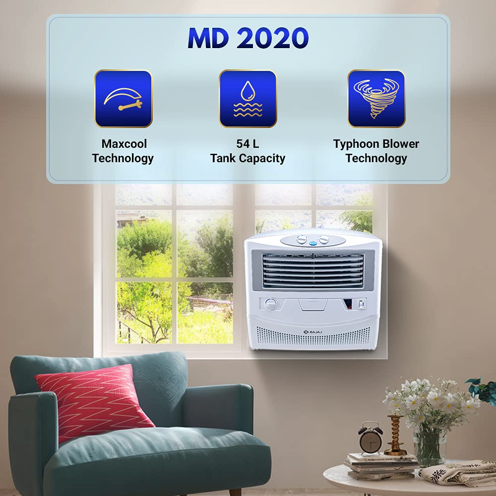 Bajaj MD 2020 54L Window Air Cooler with Typhoon Blower Technology, Powerful Air Throw and 3-Speed Control, White
