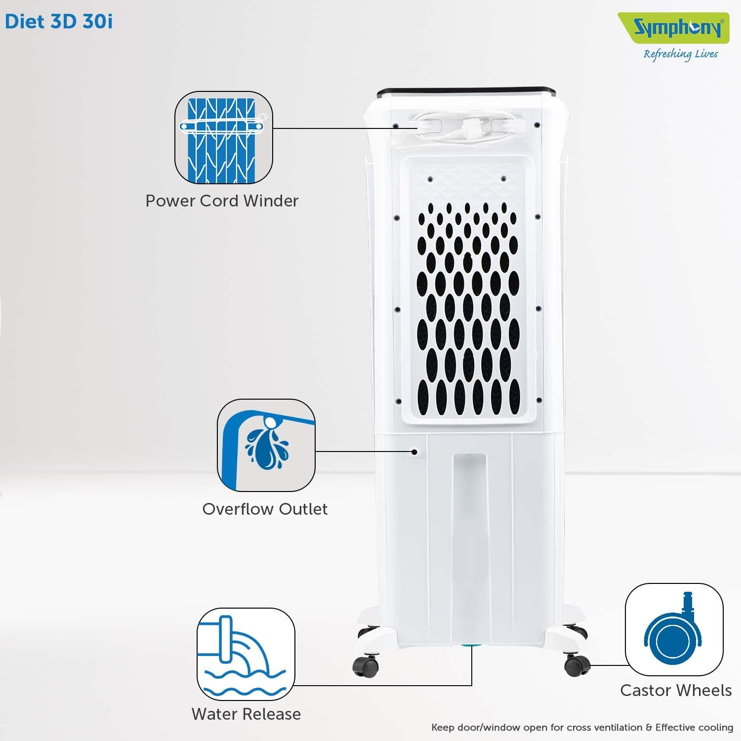 Symphony Diet 3D 30i Portable Tower Air Cooler For Home with 3-Side Honeycomb Pads, Automatic Pop-Up Touchscreen, i-Pure Technology and Low Power Consumption (30L, White & Black)