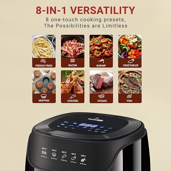 INALSA Air Fryer Digital 4.2L Gourmia Digital-1400W with Smart AirCrisp Technology|8-Preset Menu,Touch Control & Digital Display|Variable Temperature&Timer Control