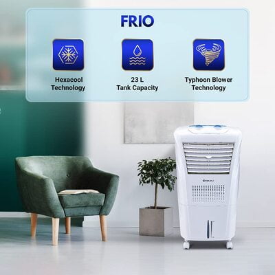 Bajaj Frio 23L Personal Air Cooler with Honeycomb Pads, Typhoon Blower Technology, Powerful Air Throw and 3-Speed Control, White Bajaj Frio 23L Personal Air Cooler with Honeycomb Pads, Typhoon Blower Technology, Powerful Air Throw and 3-Speed Control, White