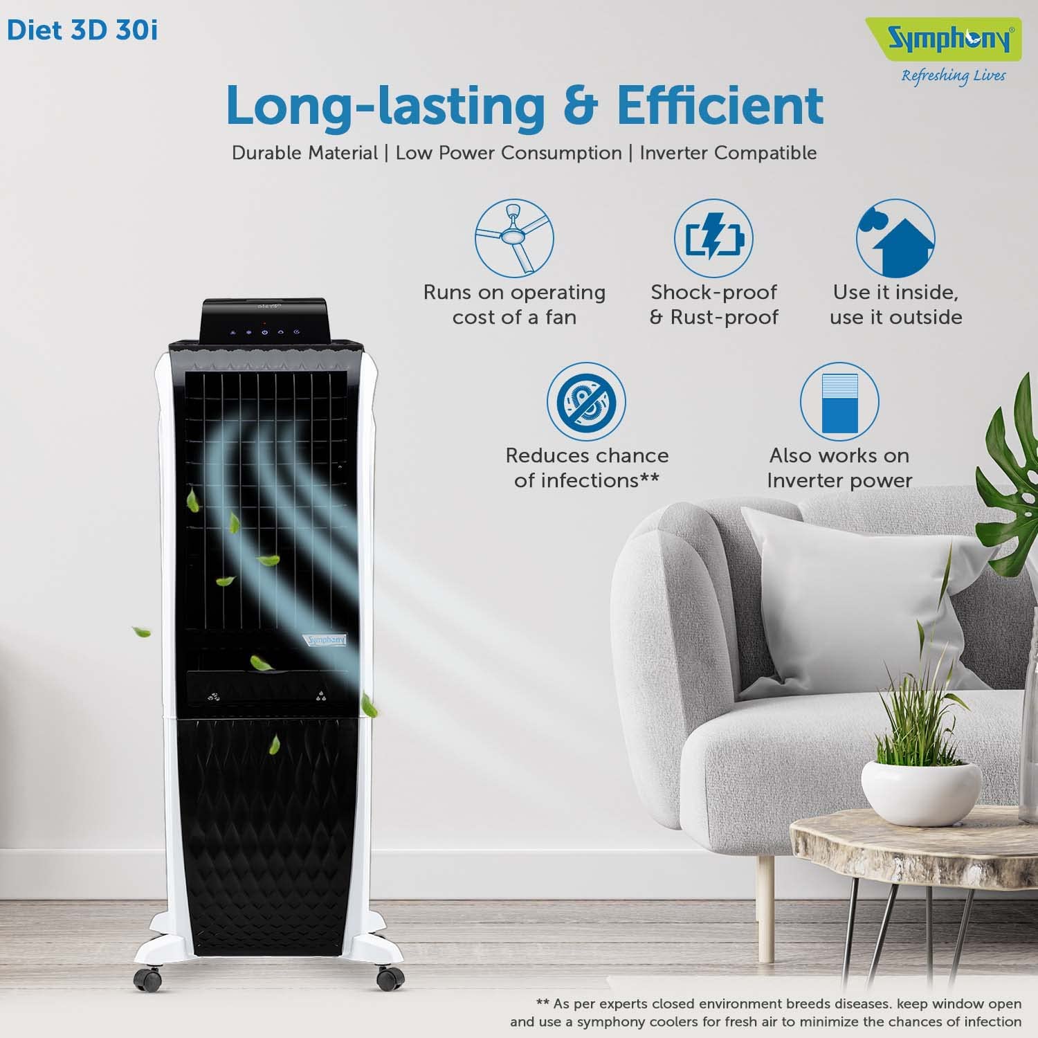 Symphony Diet 3D 30i Portable Tower Air Cooler For Home with 3-Side Honeycomb Pads, Automatic Pop-Up Touchscreen, i-Pure Technology and Low Power Consumption (30L, White & Black) Symphony Diet 3D 30i Portable Tower Air Cooler For Home with 3-Side Honeycomb Pads, Automatic Pop-Up Touchscreen, i-Pure Technology and Low Power Consumption (30L, White & Black)