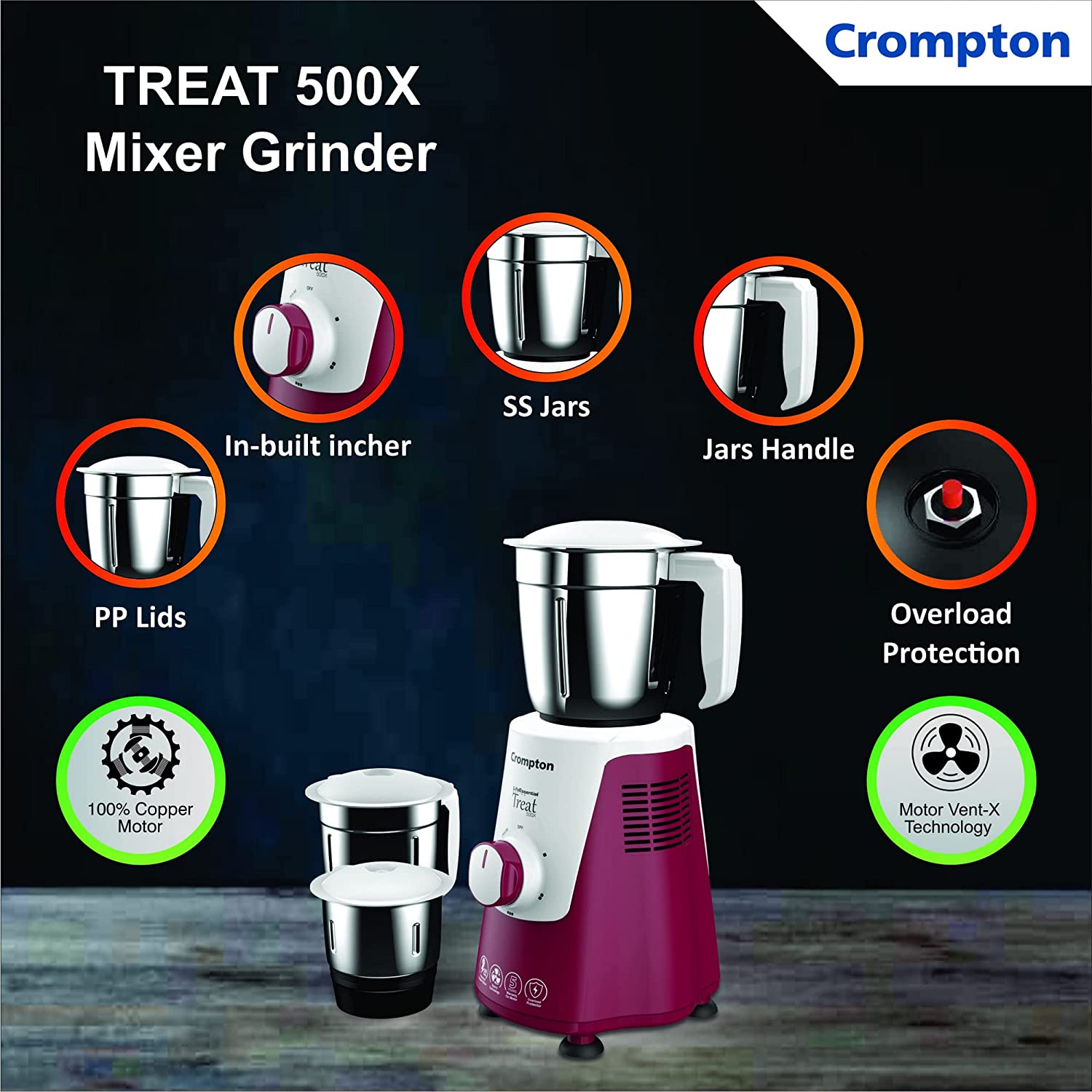 CROMPTON TREAT 500X 500W, 3 JARS MIXER GRINDER CROMPTON TREAT 500X 500W, 3 JARS MIXER GRINDER