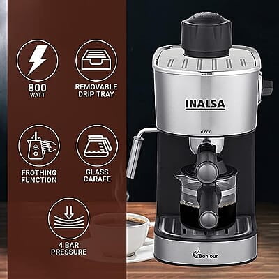 INALSA Espresso/Cappuccino 4Cup Coffee Maker 800W- Bonjour (3in1- Espresso,Cappuccino & Latte)|Frothing Function,4Bar Pressure|Multipurpose Control Knob,Removable Drip Tray & Borosilicate Glass Carafe INALSA Espresso/Cappuccino 4Cup Coffee Maker 800W- Bonjour (3in1- Espresso,Cappuccino & Latte)|Frothing Function,4Bar Pressure|Multipurpose Control Knob,Removable Drip Tray & Borosilicate Glass Carafe
