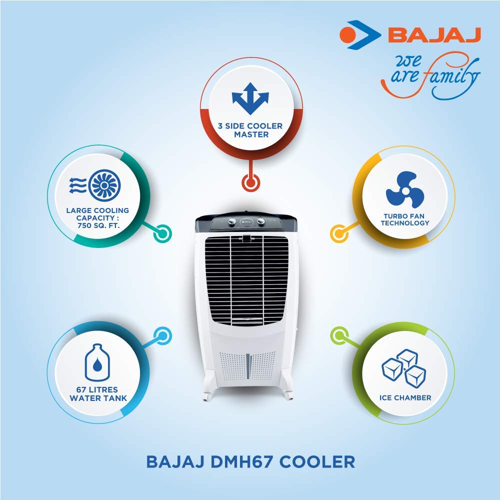 Bajaj DMH67 67L Desert Air Cooler with Antibacterial Honeycomb Pads, Turbo Fan Technology, Powerful Air Throw and 3-Speed Control, White Bajaj DMH67 67L Desert Air Cooler with Antibacterial Honeycomb Pads, Turbo Fan Technology, Powerful Air Throw and 3-Speed Control, White