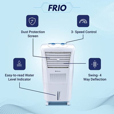 Bajaj Frio 23L Personal Air Cooler with Honeycomb Pads, Typhoon Blower Technology, Powerful Air Throw and 3-Speed Control, White Bajaj Frio 23L Personal Air Cooler with Honeycomb Pads, Typhoon Blower Technology, Powerful Air Throw and 3-Speed Control, White