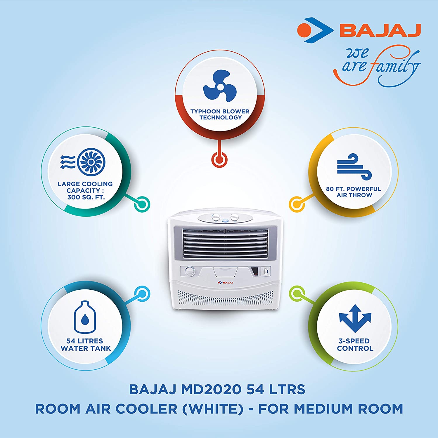 Bajaj MD 2020 54L Window Air Cooler with Typhoon Blower Technology, Powerful Air Throw and 3-Speed Control, White Bajaj MD 2020 54L Window Air Cooler with Typhoon Blower Technology, Powerful Air Throw and 3-Speed Control, White