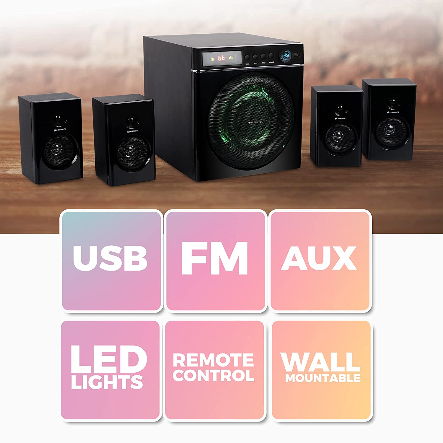 Zebronics Zeb-Cube 5 Home Theater Speaker with Subwoofer, 100W, 4.1 Channel, Wireless BTv5.1 Connectivity, Zebronics Zeb-Cube 5 Home Theater Speaker with Subwoofer, 100W, 4.1 Channel, Wireless BTv5.1 Connectivity,
