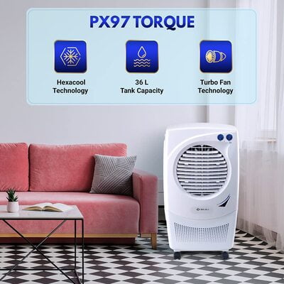 Bajaj PX 97 TORQUE (HC) 36L Personal Air Cooler with Honeycomb Pads, Turbo Fan Technology, Powerful Air Throw and 3-Speed Control, White Bajaj PX 97 TORQUE (HC) 36L Personal Air Cooler with Honeycomb Pads, Turbo Fan Technology, Powerful Air Throw and 3-Speed Control, White