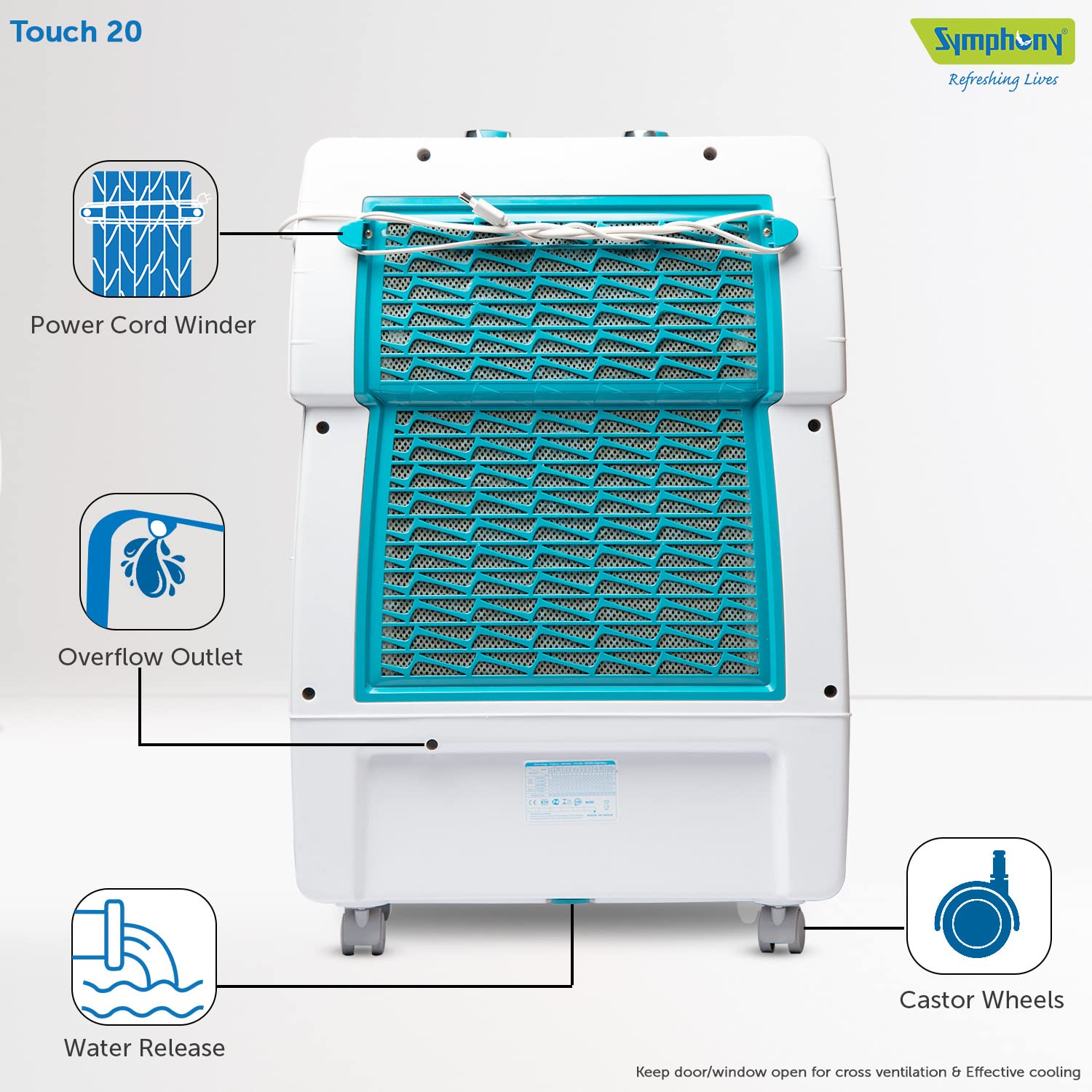 Symphony Touch 20 Personal Air Cooler for Home with Honeycomb Pads, Powerful Blower, i-Pure Technology and Removable Tank