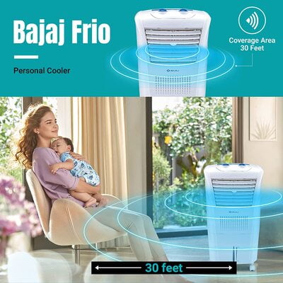 Bajaj Frio 23L Personal Air Cooler with Honeycomb Pads, Typhoon Blower Technology, Powerful Air Throw and 3-Speed Control, White Bajaj Frio 23L Personal Air Cooler with Honeycomb Pads, Typhoon Blower Technology, Powerful Air Throw and 3-Speed Control, White