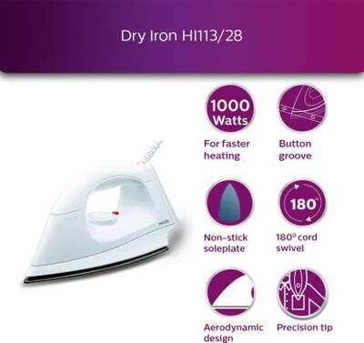 Philips HI113 1000-Watt Plastic Body PTFE Coating Dry Iron Philips HI113 1000-Watt Plastic Body PTFE Coating Dry Iron